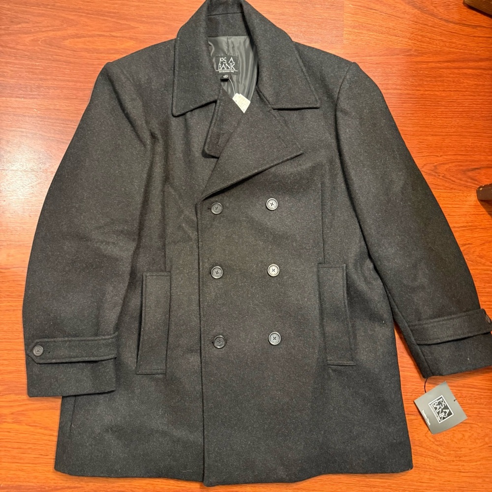 NWT Jos. A. Bank Men's Black Double-Breasted Wool Pea Coat - XXL